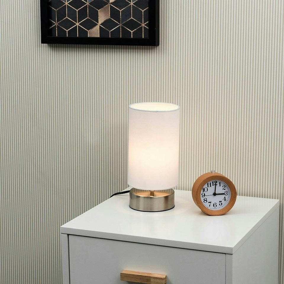 image 1 of ValueLights Brushed Chrome Touch Dimmer Bedside Table Lamp with White Cylinder Light Shade and Dimmable Candle Bulb 3000K Warm White White