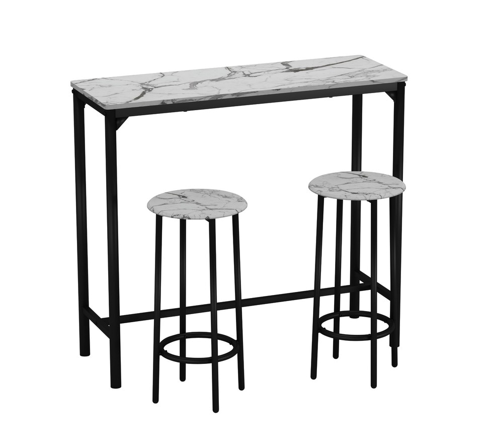 image 1 of CANCUN Bar Table & Stools Set Kitchen Dining Breakfast Industrial Furniture | Multi | 3 Piece White Marble
