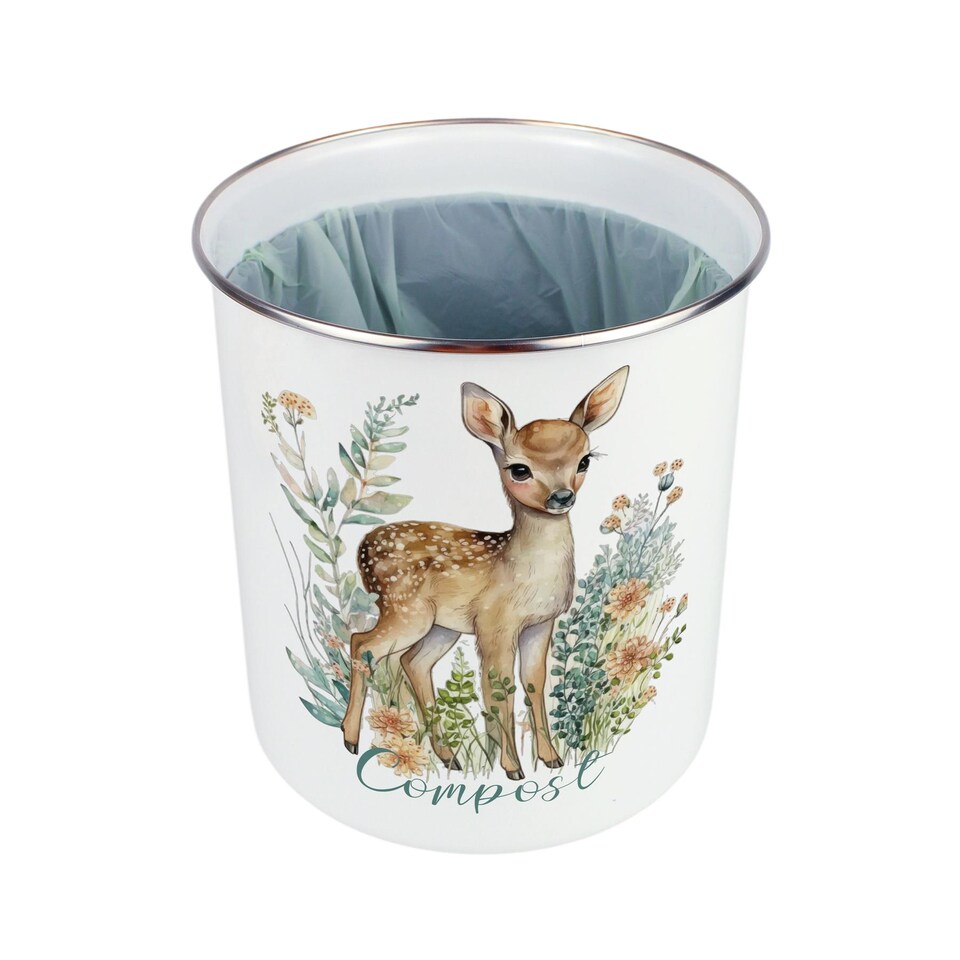 image 1 of Floral Deer Compost Caddy - Metal 2L Decorative Kitchen Food Waste Bin
