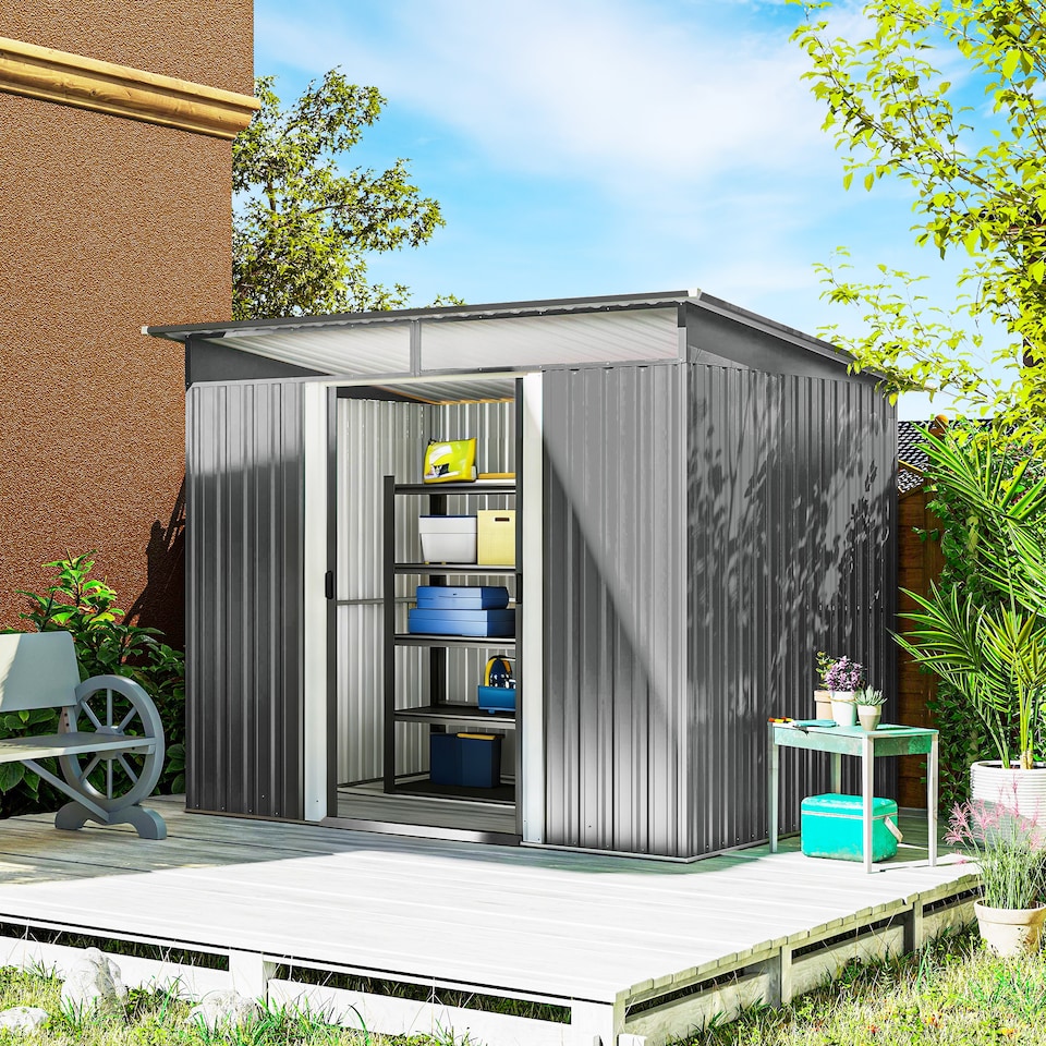 image 1 of Outsunny Garden Shed Outdoor Storage Tool Organiser w/ Double Sliding Door | Grey | Light Grey