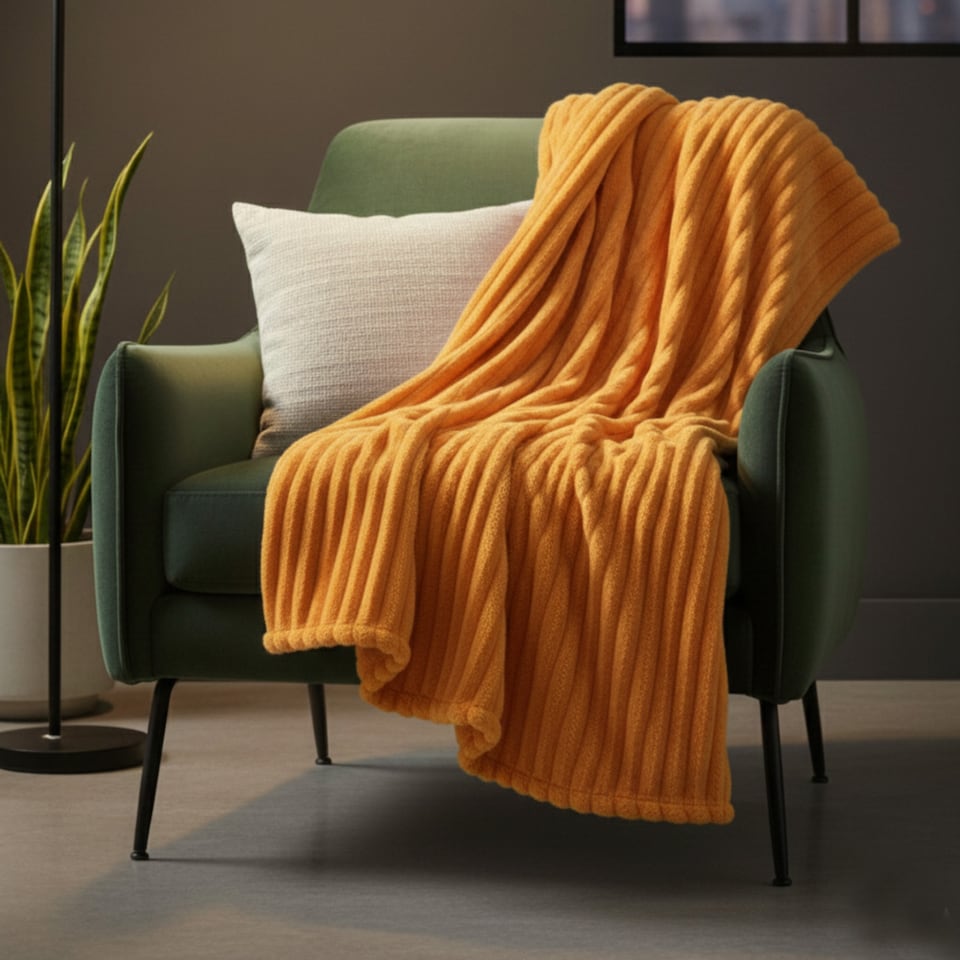 image 1 of Chunky Ribbed Mink Throw Ultra Soft Warm Elegant Blanket for Sofa Or Bed | Orange