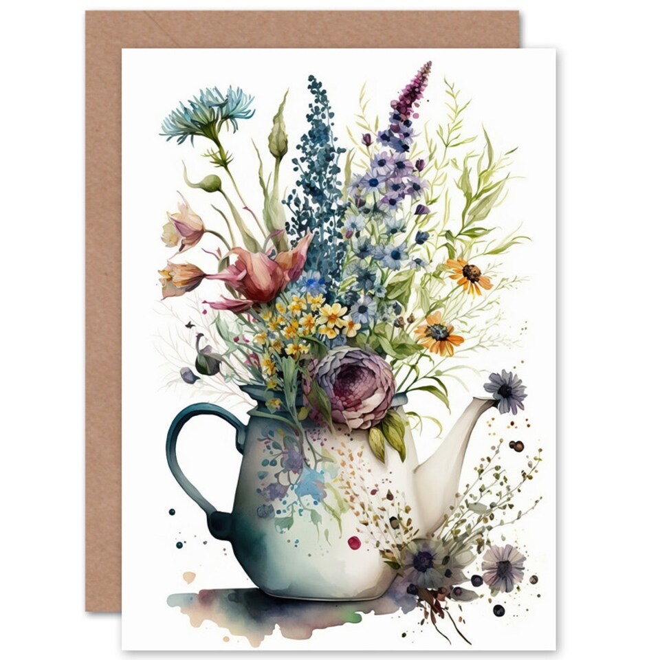 image 1 of Spring Wildflower Floral Bouquet Teapot Vase Birthday Card