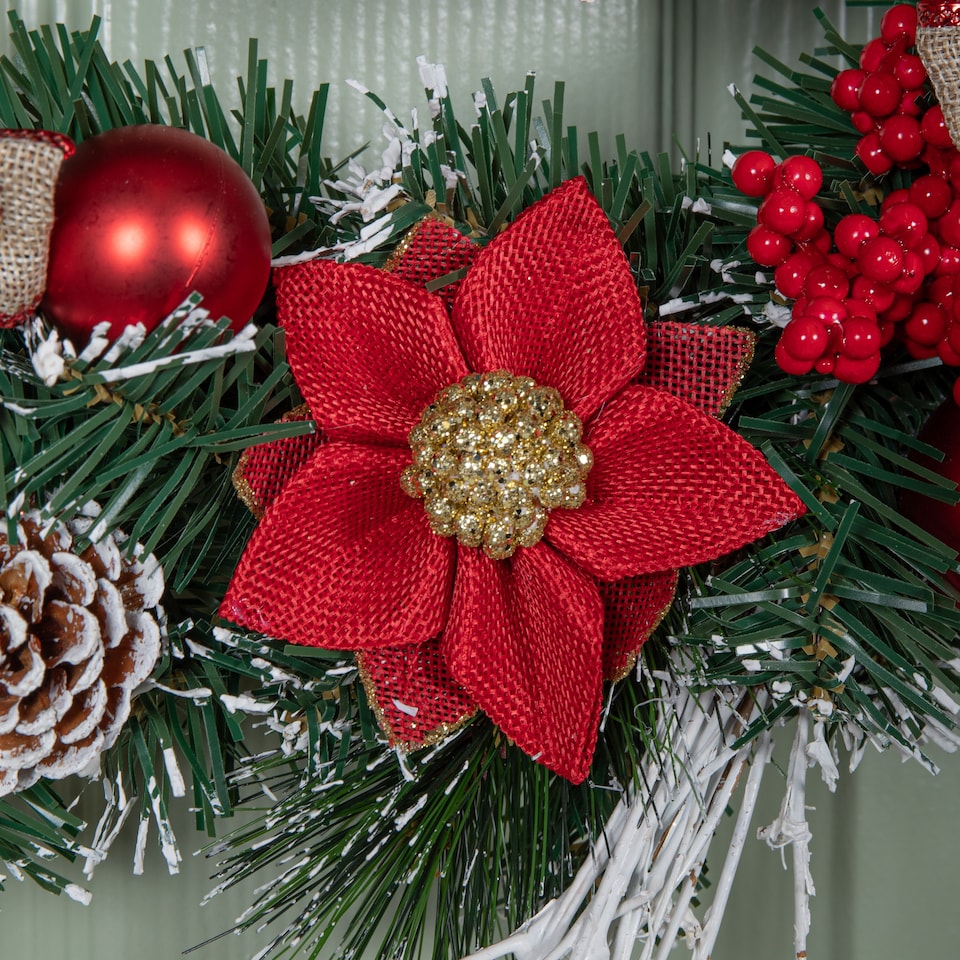 image 1 of Premier 40cm Christmas Red Dressed Festive Wreath With Baubles Bows And Pinecones