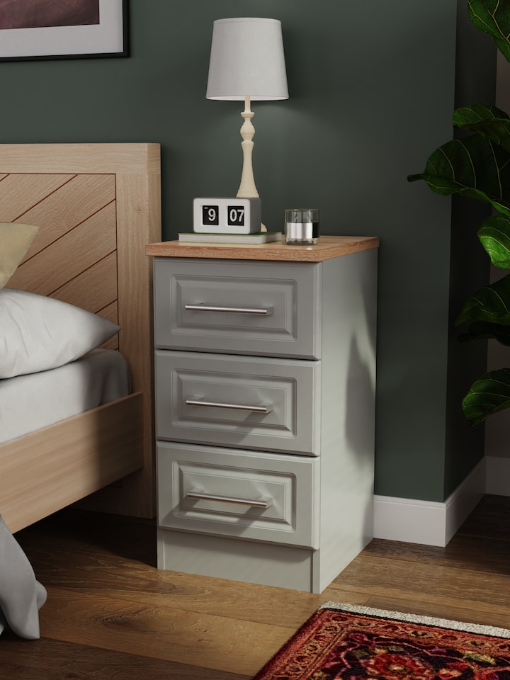 image 1 of Norfolk 3 Drawer Bedside Cabinet in Dusk Grey & Bardolino Oak (Ready Assembled) | Grey | Dusk Grey & Bardolino Oak