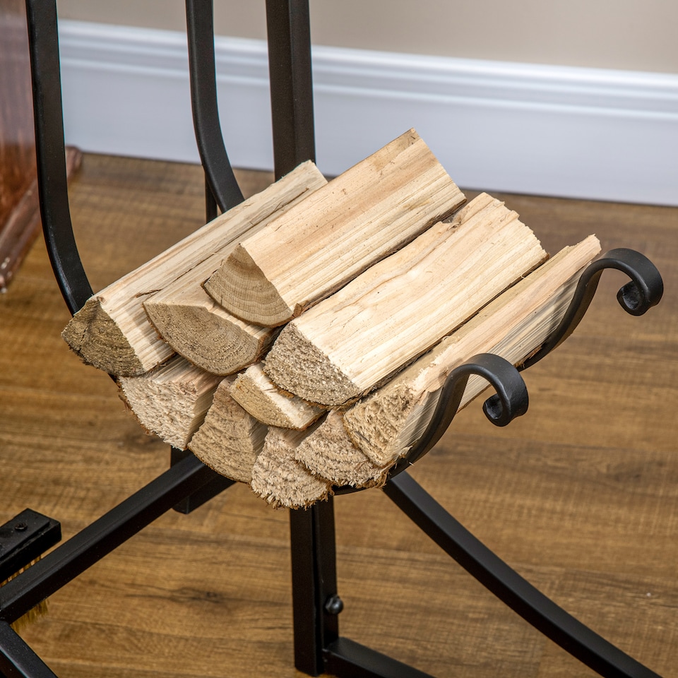 image 1 of Outsunny Metal Firewood Log Holder Indoor Outdoor Firewood Rack Fireplace 2 Tier Wood Storage Shelf with 4 Tools, Hooks, Scrolls, Black, 84W x 33D x 76H cm