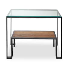 Interiors by Premier Roman Console Table, Rectangular Tempered Glass Top on Black Metal Frame, Teak‑Wood Lower Shelf Console Black