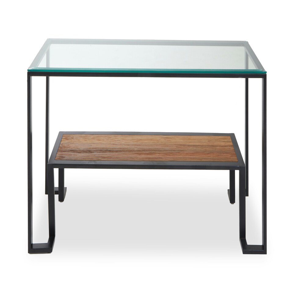 image 1 of Interiors by Premier Roman Console Table, Rectangular Tempered Glass Top on Black Metal Frame, Teak‑Wood Lower Shelf Console Black