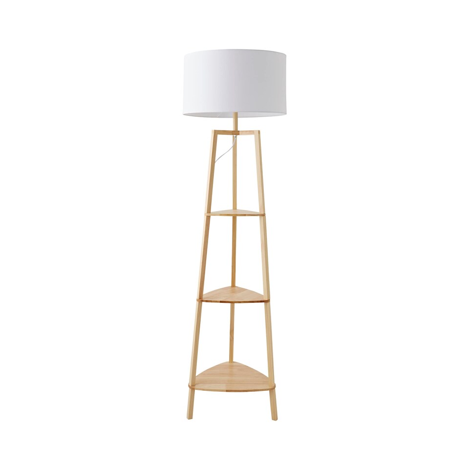image 1 of ValueLights Hiru Wooden 3 Tier Shelf Floor Lamp with White Shade | White