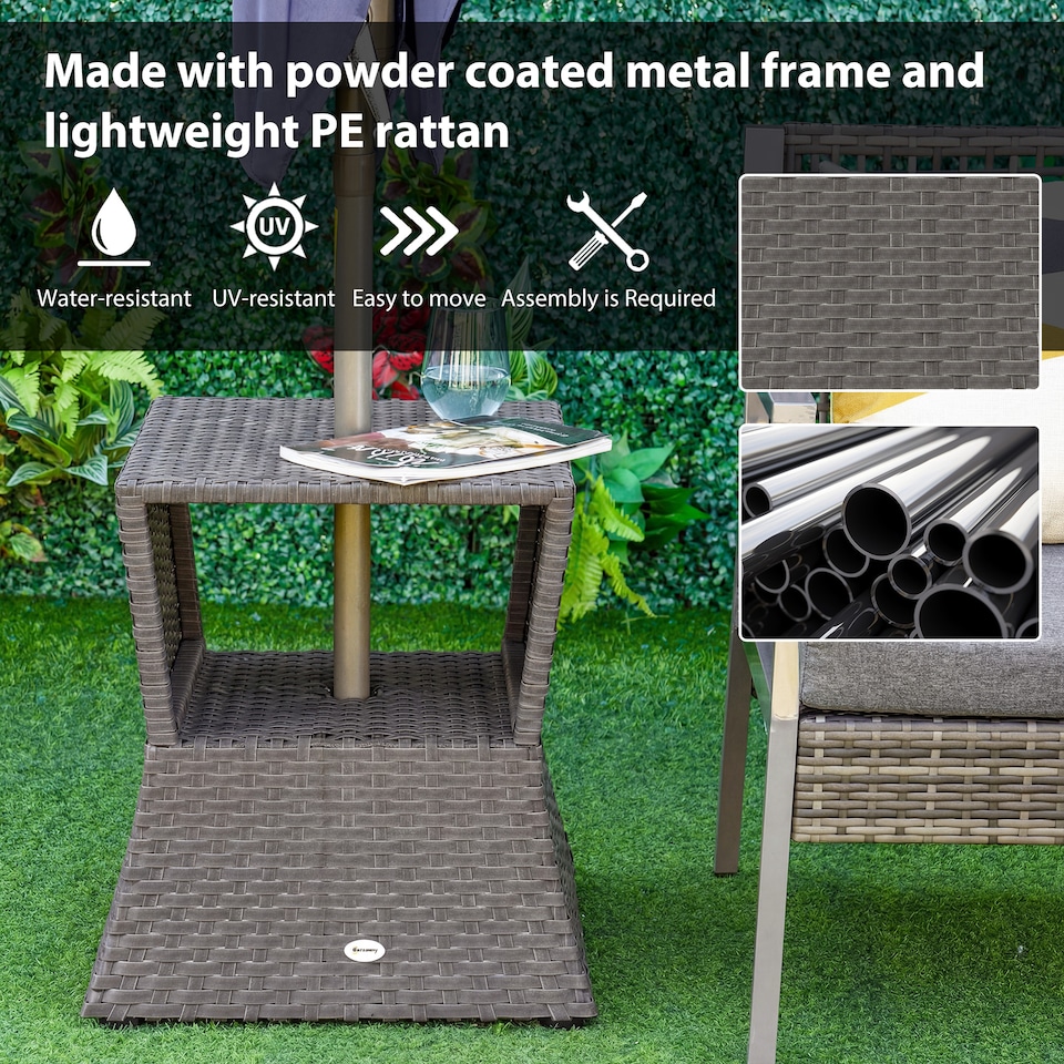 image 1 of Outsunny Rattan Wicker Tea Coffee Table w/ Umbrella Hole Dark Grey | Grey | Dark Grey | 54 x 54 x 55 cm