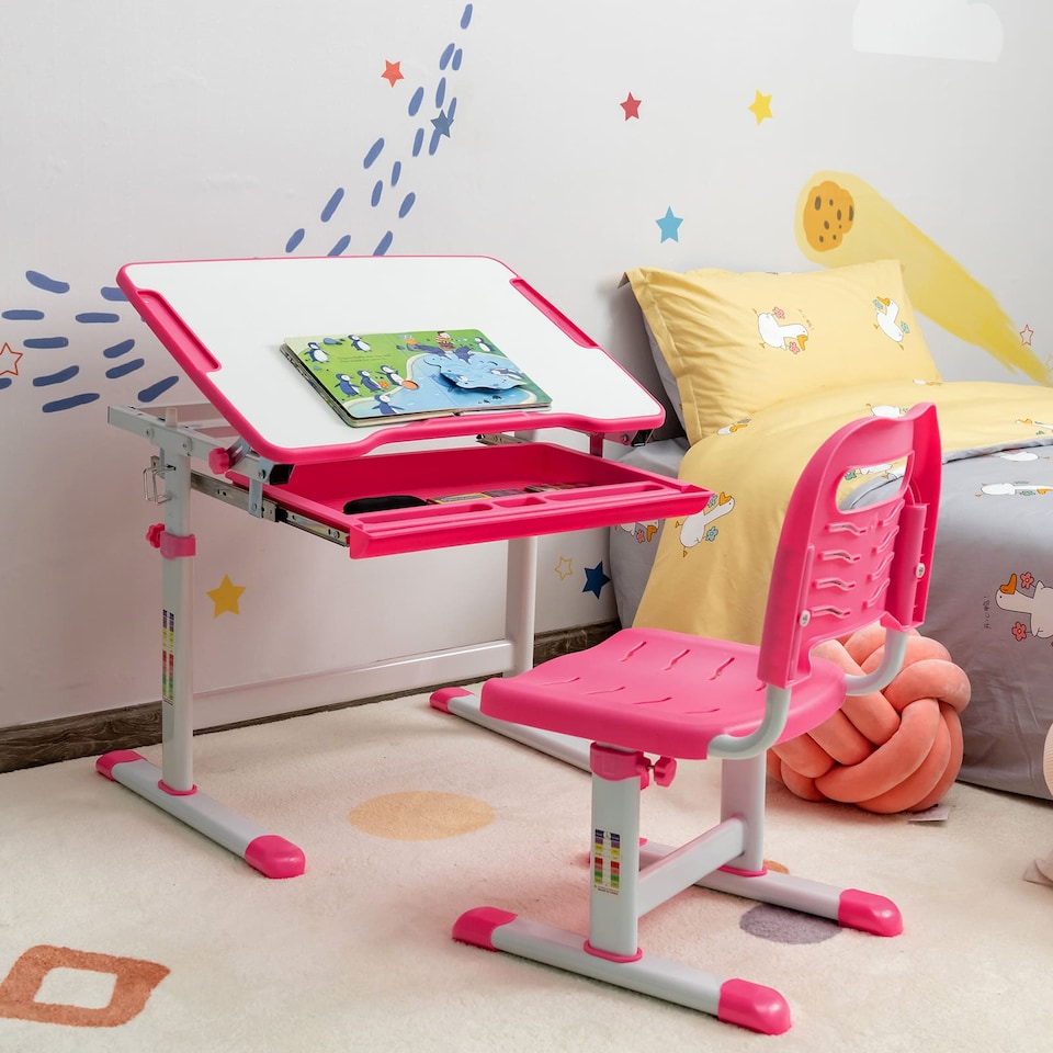 image 1 of COSTWAY Height Adjustable Kids Study Table and Chair Set with Tilting Tabletop-Pink