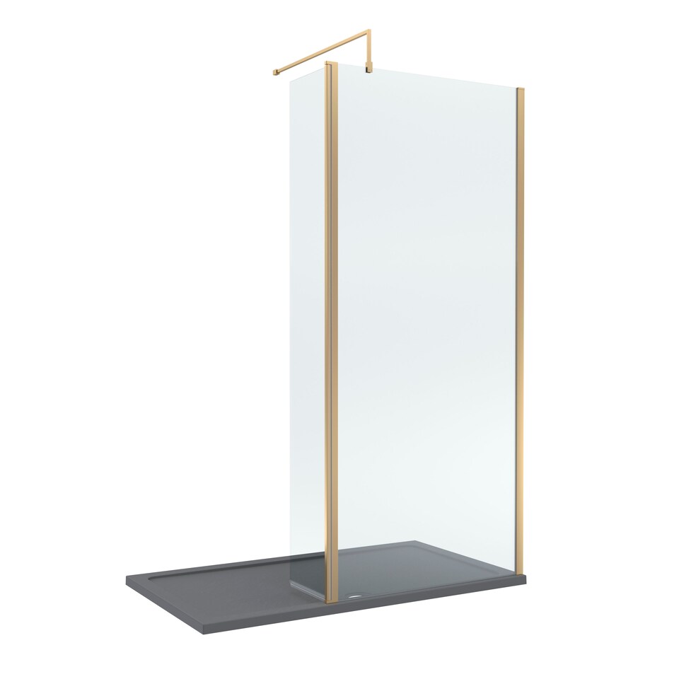 Balterley Glass Walk In Wetroom Screen and Hinged Return Screen with Profile and Shower Tray | Copper | Brushed Brass