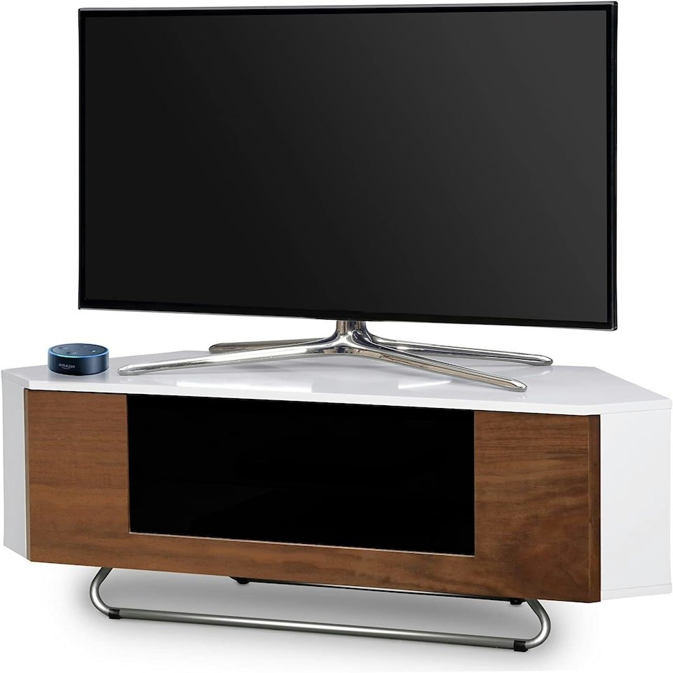image 1 of Centurion Supports Hampshire Corner-Friendly Gloss White with Walnut Contrast Beam-Thru Remote Friendly Door 26"-50" Flat Screen TV Cabinet White | Walnut