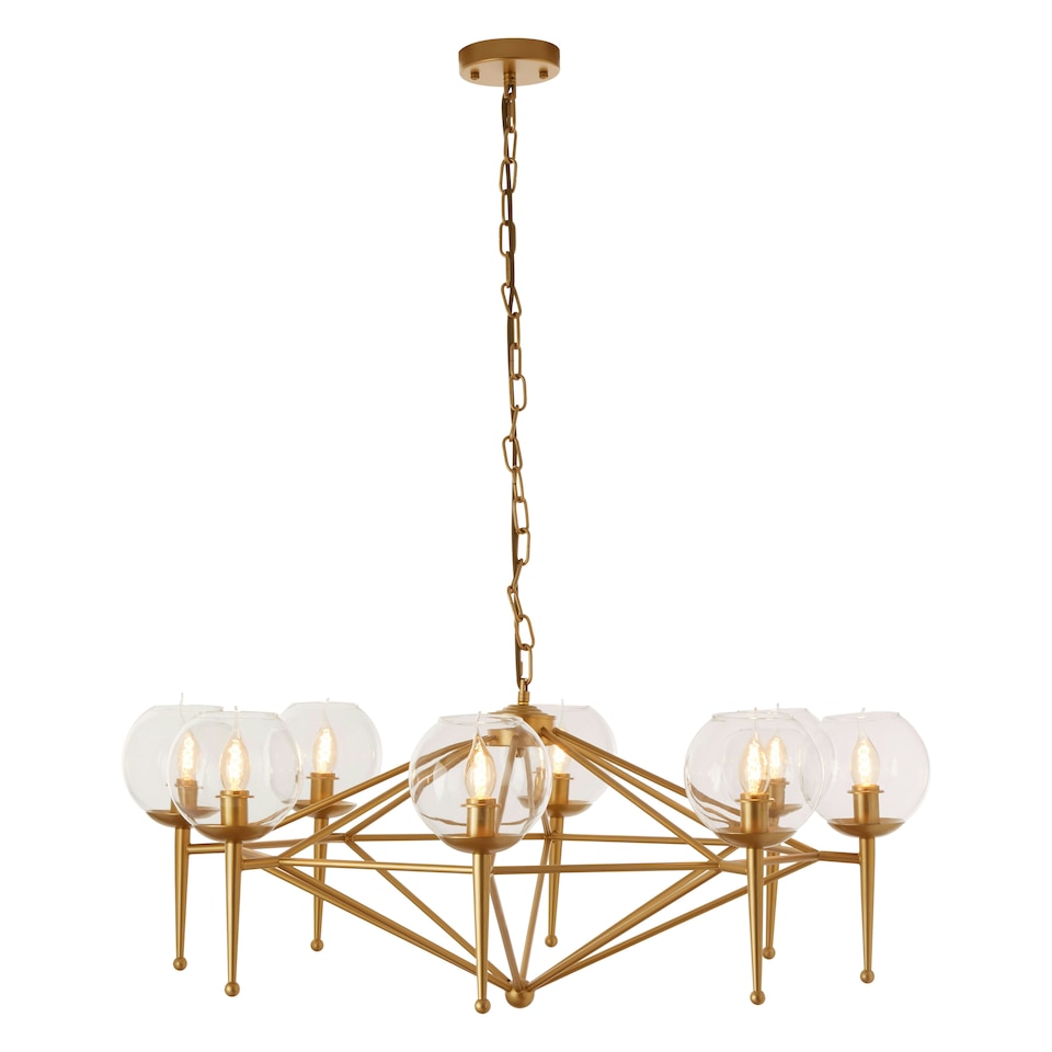 image 1 of Interiors by Premier Gold 8 Arm Geo Pendant Lamp, Mid Century Modern Glass Globe Ceiling Light, Glamorous Geometric Frame Pendant