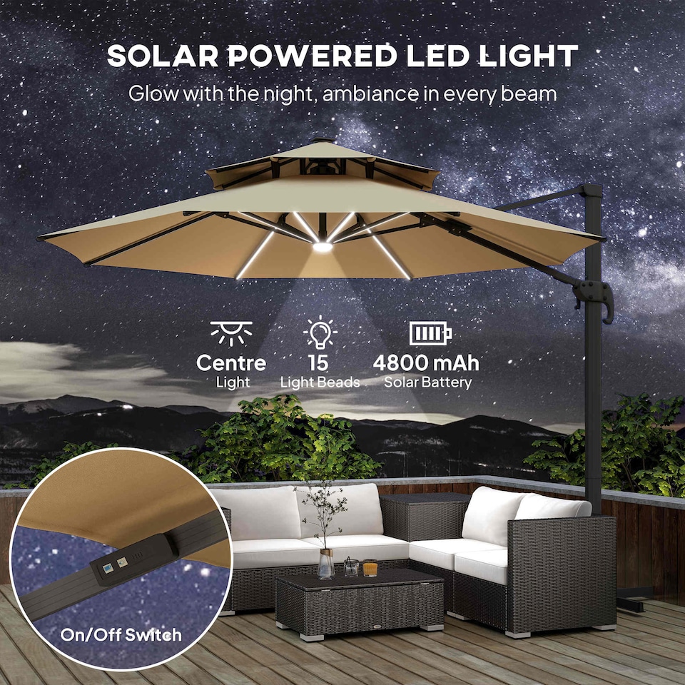 image 1 of Outsunny 3 m Cantilever Roma Parasol with LED Solar Lights, Crank and Tilt, Aluminium Frame, Cross Base and Adjustable Canopy 360 Rotating Sun Umbrella with 2Tier Shade, Beige