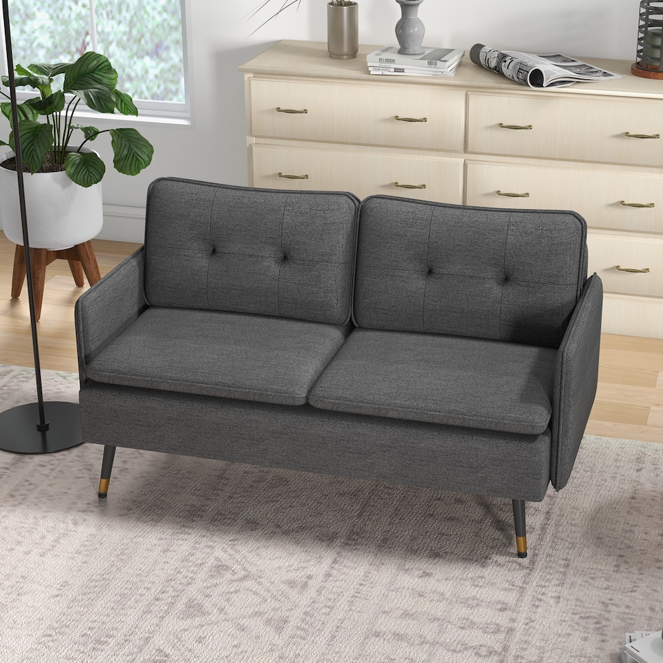 image 1 of HOMCOM Modern Two Seater Sofa, Button Tufted Loveseat with Cushions and Steel Legs for Living Room, Guest Room, Dark Grey | Grey | One Size