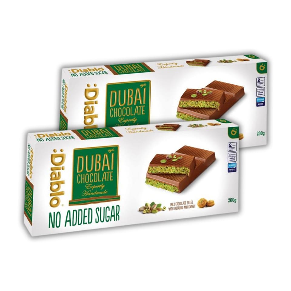 image 1 of Diablo No Added Sugar Dubai Chocolate Bar 200g Twin Pack