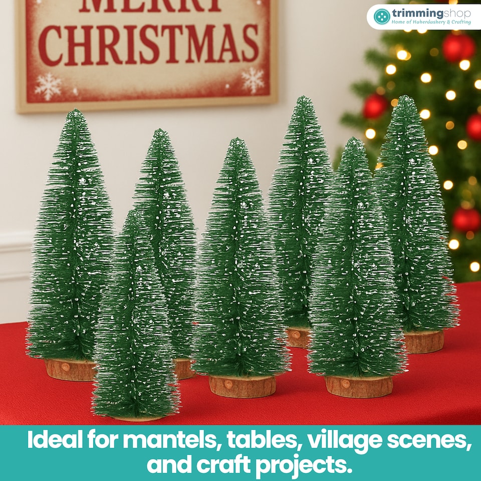 image 1 of Miniature Christmas Trees with Wooden Base for Xmas Village - 8pcs