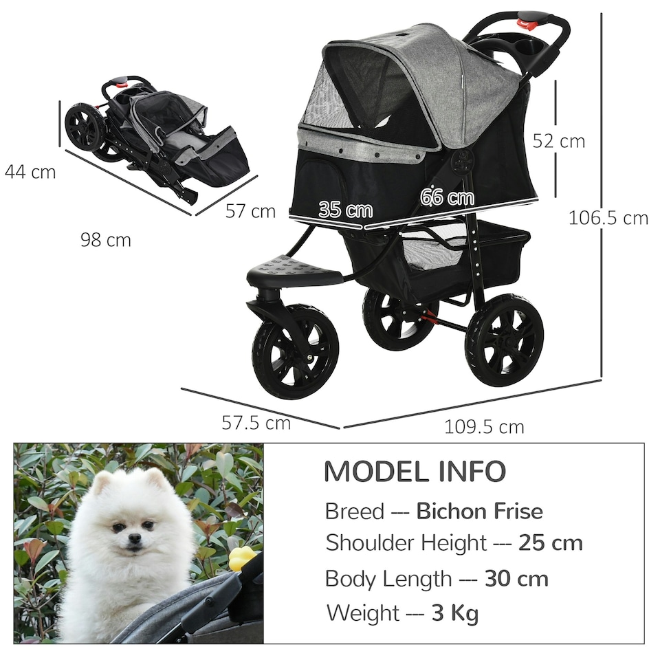 image 1 of PawHut Folding 3 Wheel Pet Stroller Travel Adjustable Canopy Storage Brake Grey