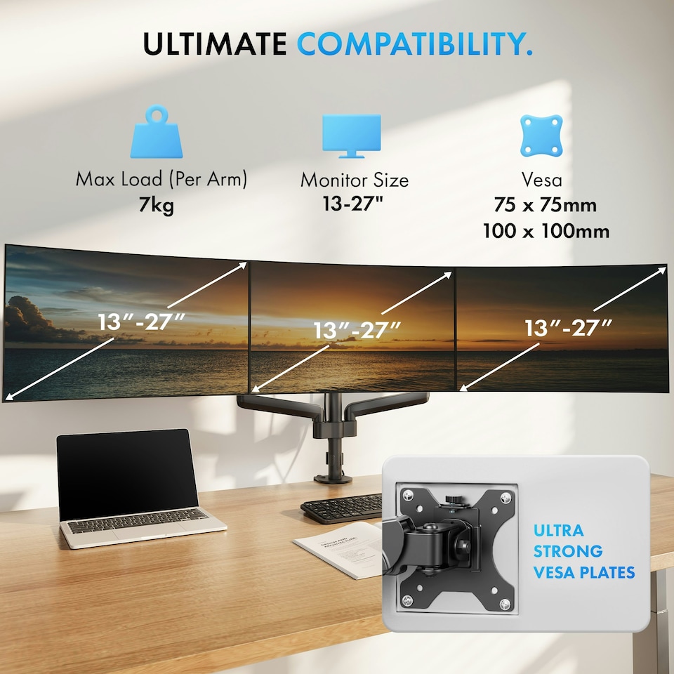 image 1 of VonHaus Gas Powered Triple Monitor Stand for 13-27" Screens