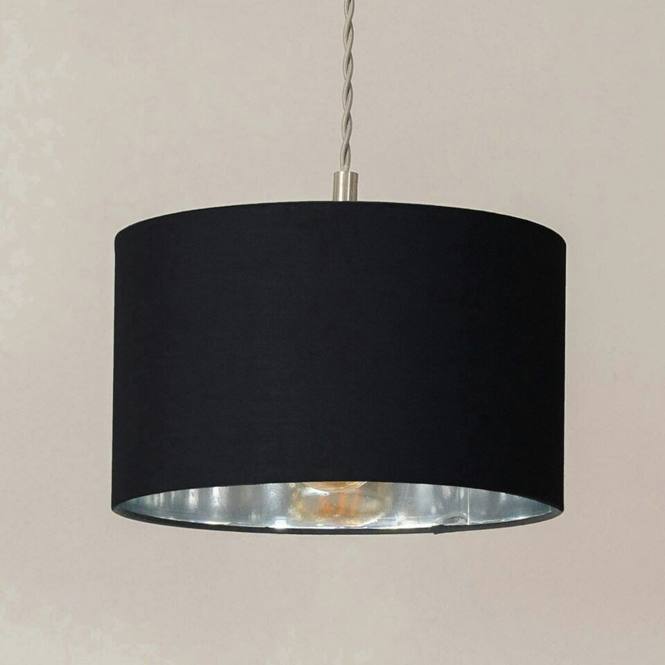 image 1 of ValueLights Reni Black & Chrome Drum Shade 3 Drop Bar Chrome Diner Ceiling Pendant Light Silver
