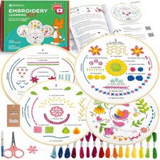 Beginner Embroidery Kit (4 Pack) for Adults, Learn 33 Stitches with Easy DIY Video Tutorials, Coloured Design Patterns (AZA100)