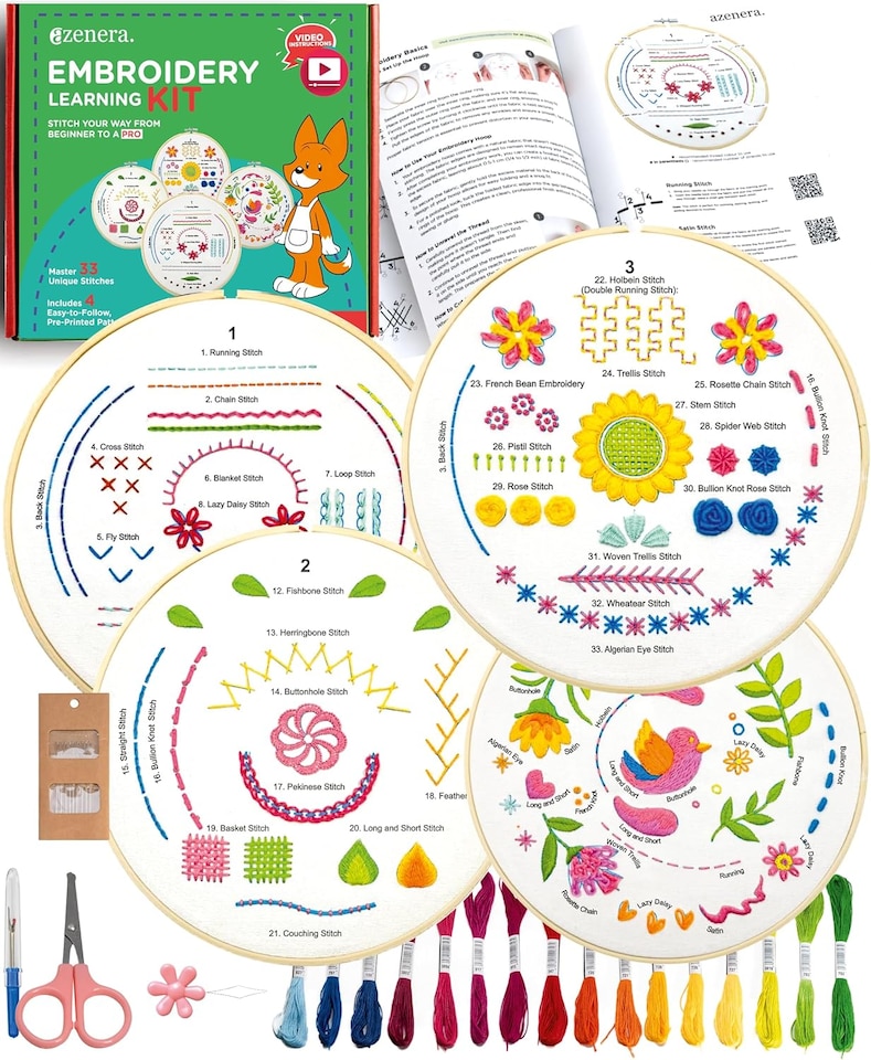 image 1 of Beginner Embroidery Kit (4 Pack) for Adults, Learn 33 Stitches with Easy DIY Video Tutorials, Coloured Design Patterns (AZA100)