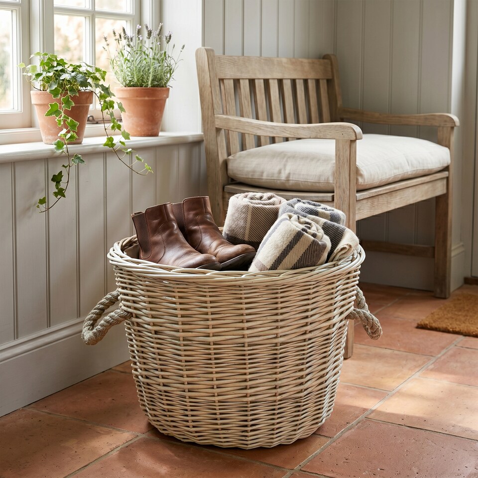 image 1 of Wickerfield Round Wicker Log Basket with Rope Handles and Fabric Lining