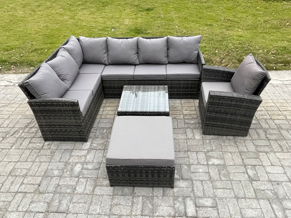 image 1 of Fimous 8 Seater Outdoor Garden Furniture Set Wicker PE Rattan Corner Sofa Set with Square Coffee Table Big Footstool Armchair Dark Grey Mixed