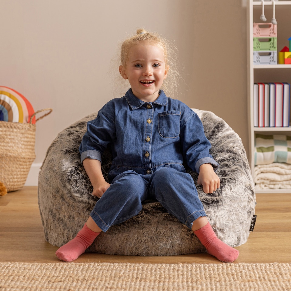 image 1 of Kids Classic Faux Fur Bean Bag Chair Arctic Wolf Grey Bean Bags for Children | Grey | Arctic Wolf Grey | 1