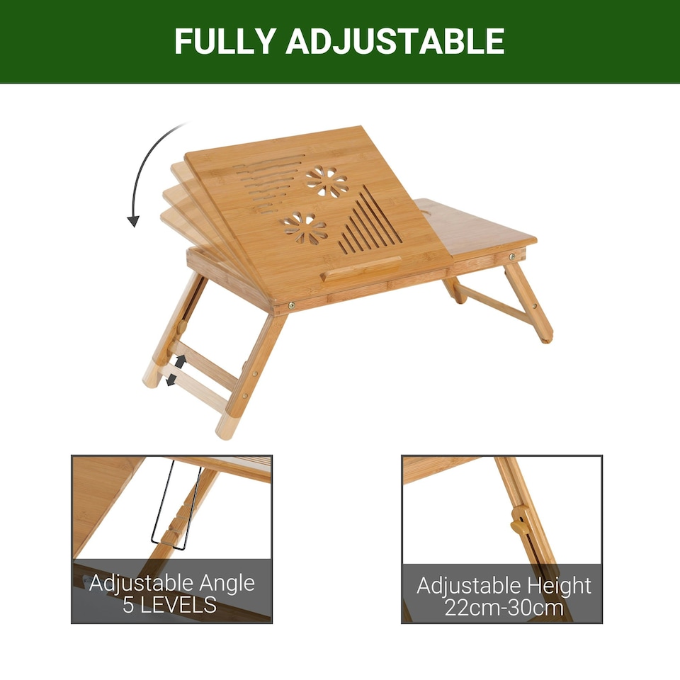image 1 of HOMCOM Portable Laptop Desk Notebook Tray PC Bed Table Drawer Adjustable Bamboo