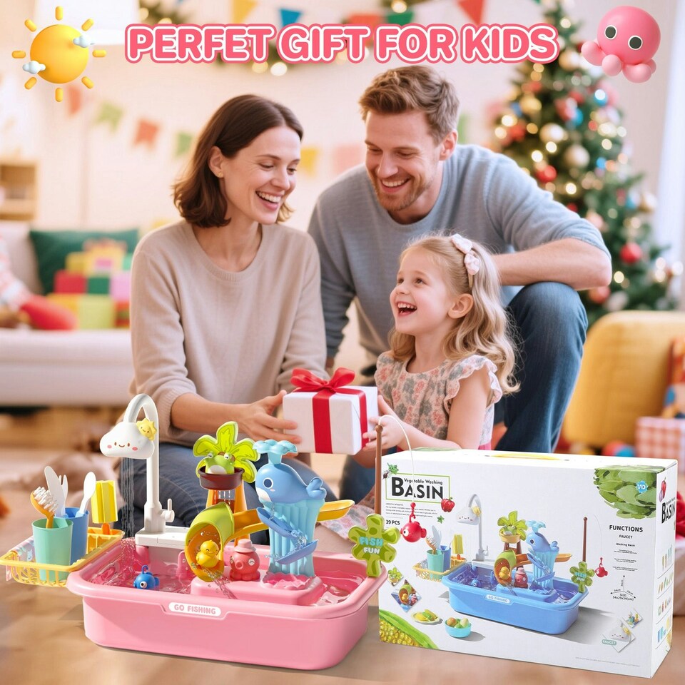 image 1 of Pretend Play Kitchen Sink with Real Running Water 4-in-1 Water Play Table (Pink)