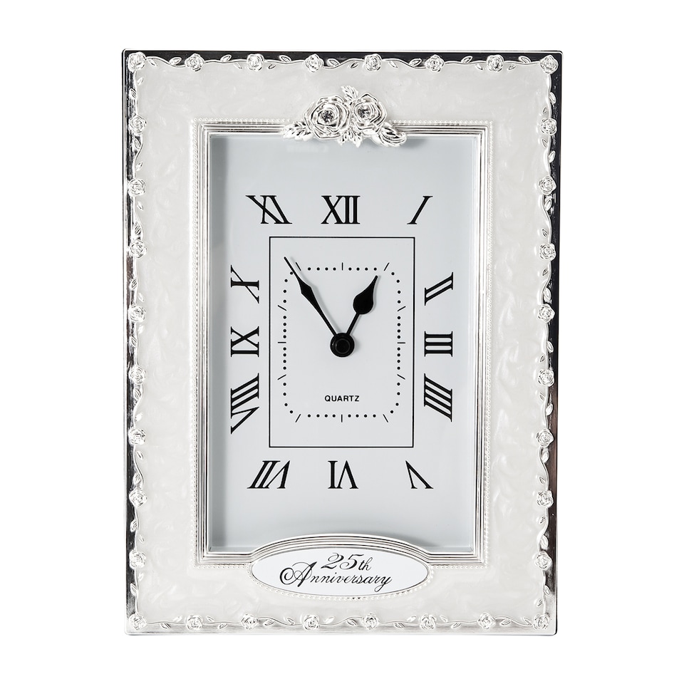 image 1 of 25th Anniversary Clock in White Epoxy with Silver Plated Roses and Diamantes
