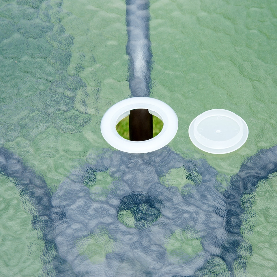 image 1 of Outsunny 6 Piece Garden Dining Set with Umbrella, Patio Sets with Parasol with 4 Folding Dining Chairs & Round Tempered Glass Table, Black