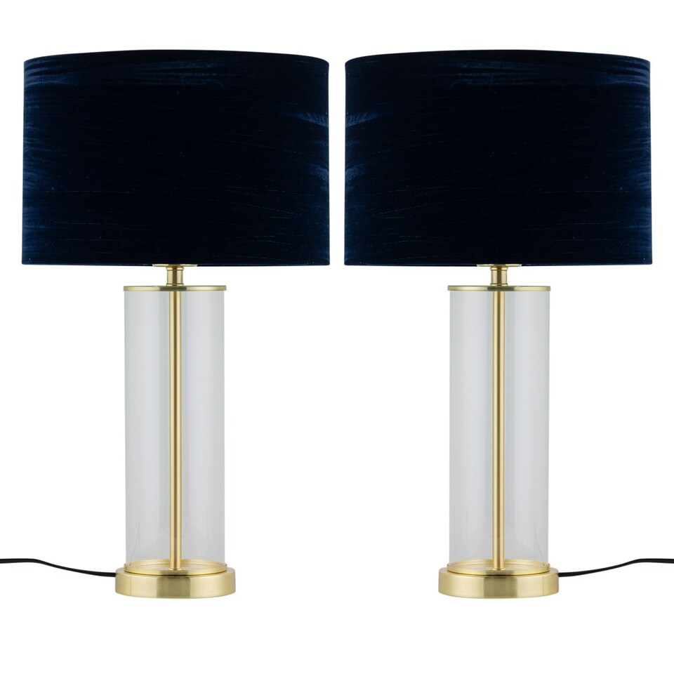 image 1 of Set of 2 Aura - Satin Brass Lamps with Navy Blue Crushed Velvet Shades Bronze | Blue
