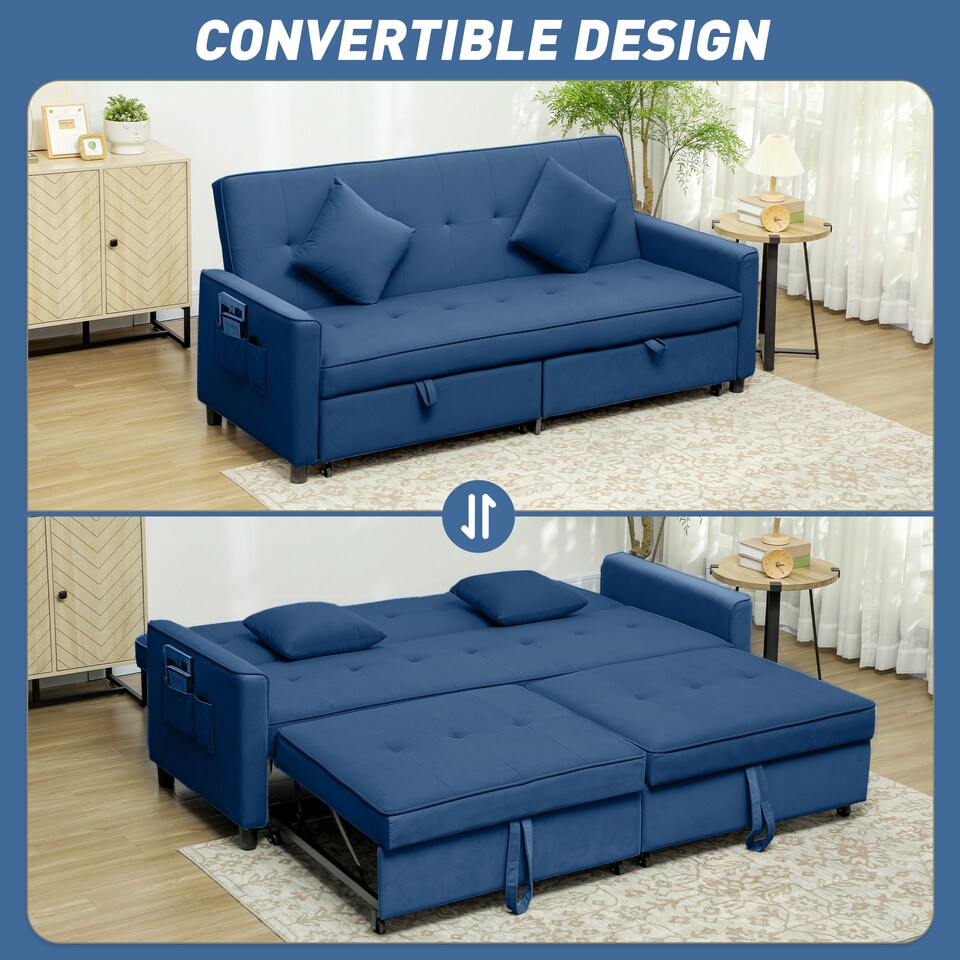 image 1 of HOMCOM Sectional Sofa Bed, L-Shaped 3 Seater Sofa Bed, Reversible Sleeper Sofa with Pull Out Couch Bed, Cushions, Fabric Futon Sofa Bed for Living Room, Blue