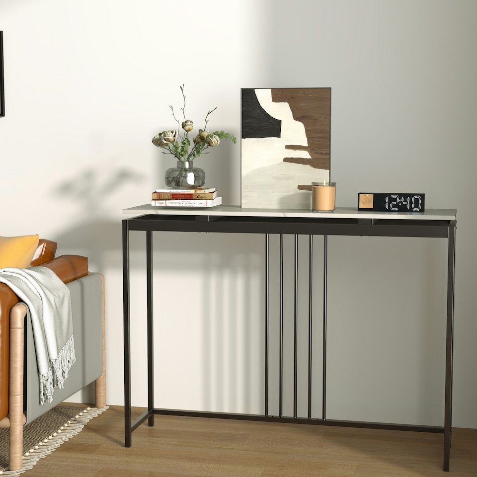 image 1 of COSTWAY 120cm Console Table Faux Marble Sofa Side End Table White Black