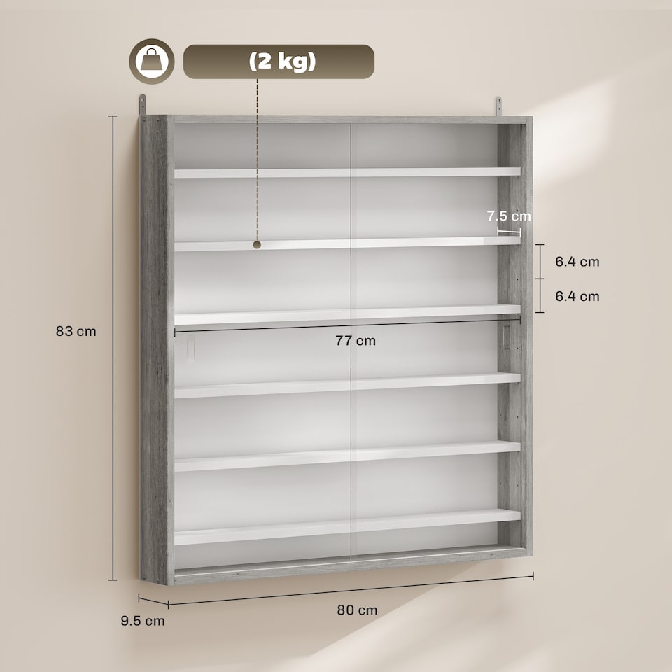 image 1 of HOMCOM 7-Tier Wall Display Cabinet w/ Glass Doors, Graphite Wood Effect