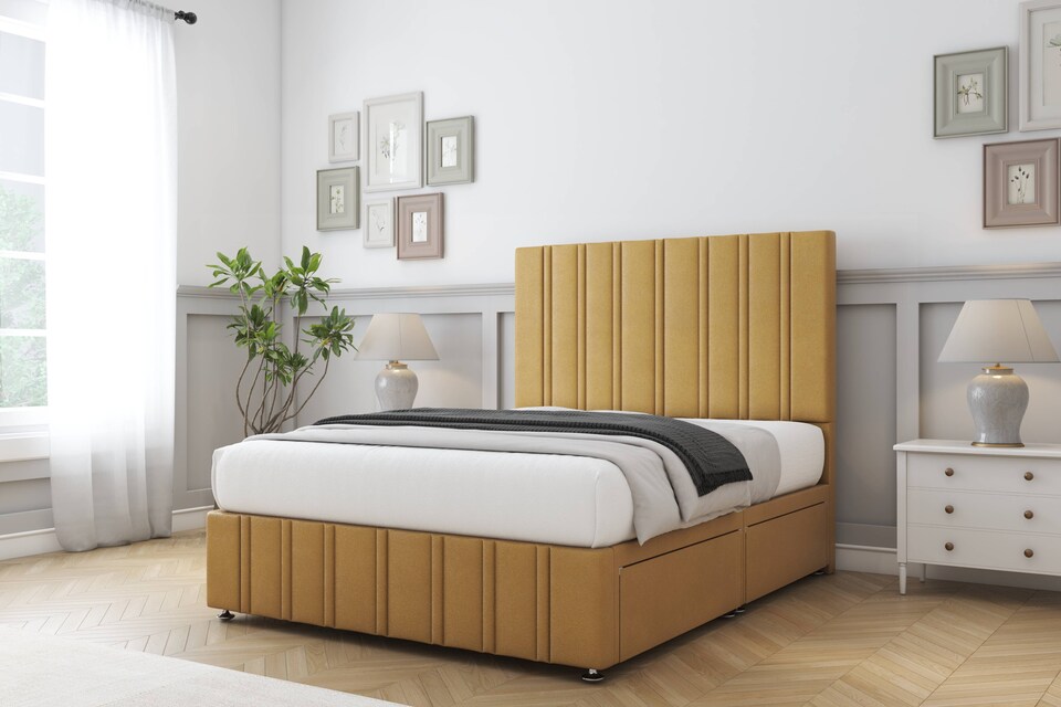 image 1 of Sloomy Langston Mustard Plush Divan Bed With Mattress 4 Drawers With 26" Strutted Headboard & 12" Matching Footboard 5' King | Gold | Mustard | King | 1
