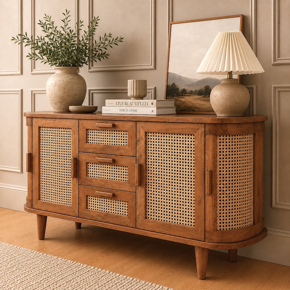 image 1 of Solid Mango Wood Sideboard Buffet Cabinet with Cane Doors & Drawers – Dark Oak Finish Credenza Storage Cabinet, No Veneer Console Table, Fully Assembled with Legs to Attach, Mid Century Modern Furniture