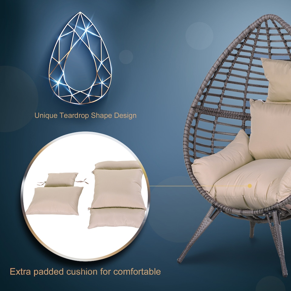 image 1 of Outsunny Garden Egg Chair, Teardrop Outdoor PE Rattan Chair with Full-body Soft Padded Cushion, Grey
