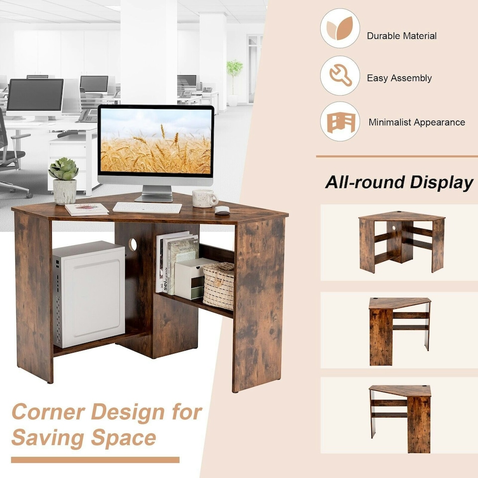 image 1 of COSTWAY Corner Desk Computer Table Workstation w/ Shelves Brown Brown