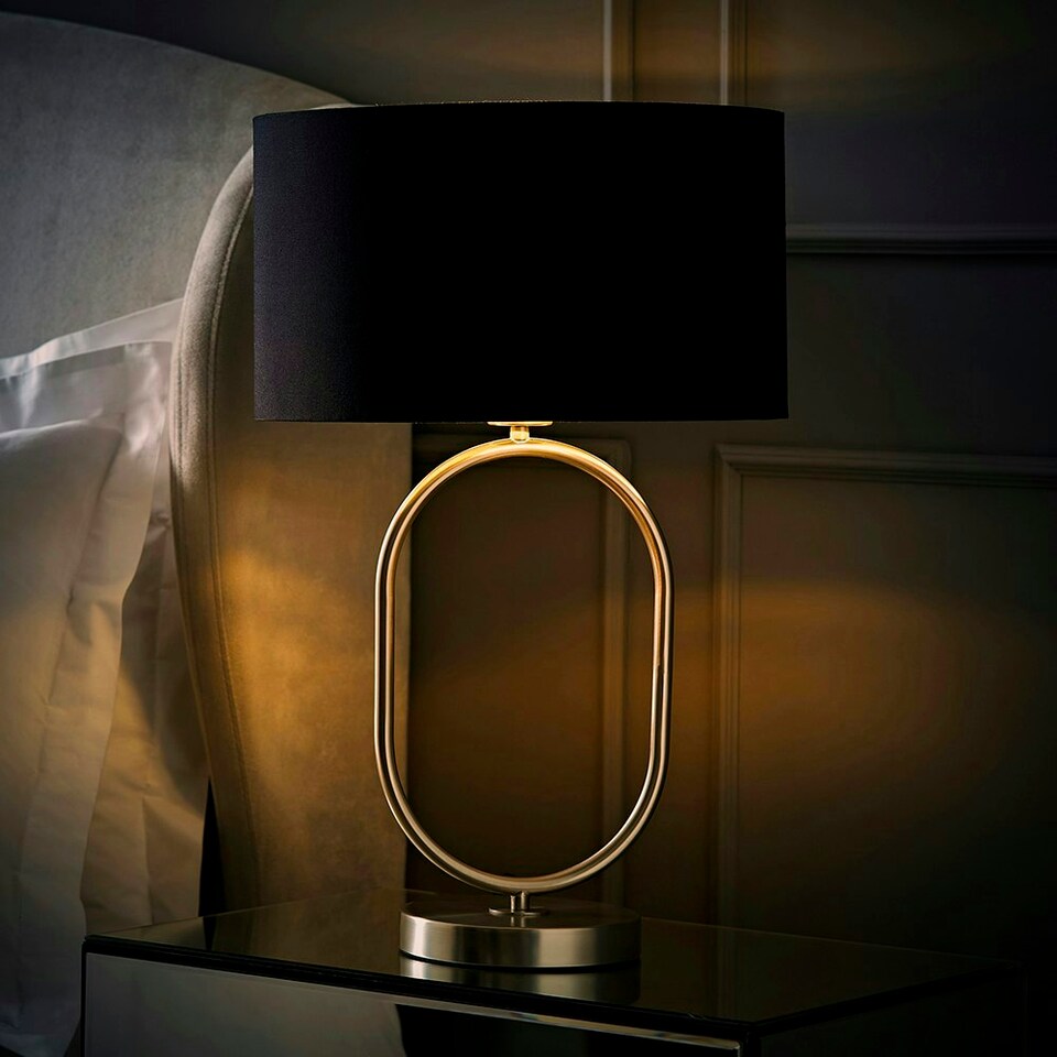image 1 of ValueLights Antonia Black with Chrome Inner Drum Shade Brushed Chrome Oval Table Lamp Silver