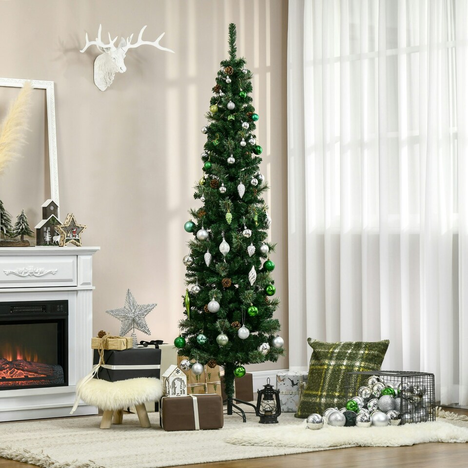 image 1 of HOMCOM 6.5FT Artificial Slim Christmas Tree with Pine Cones