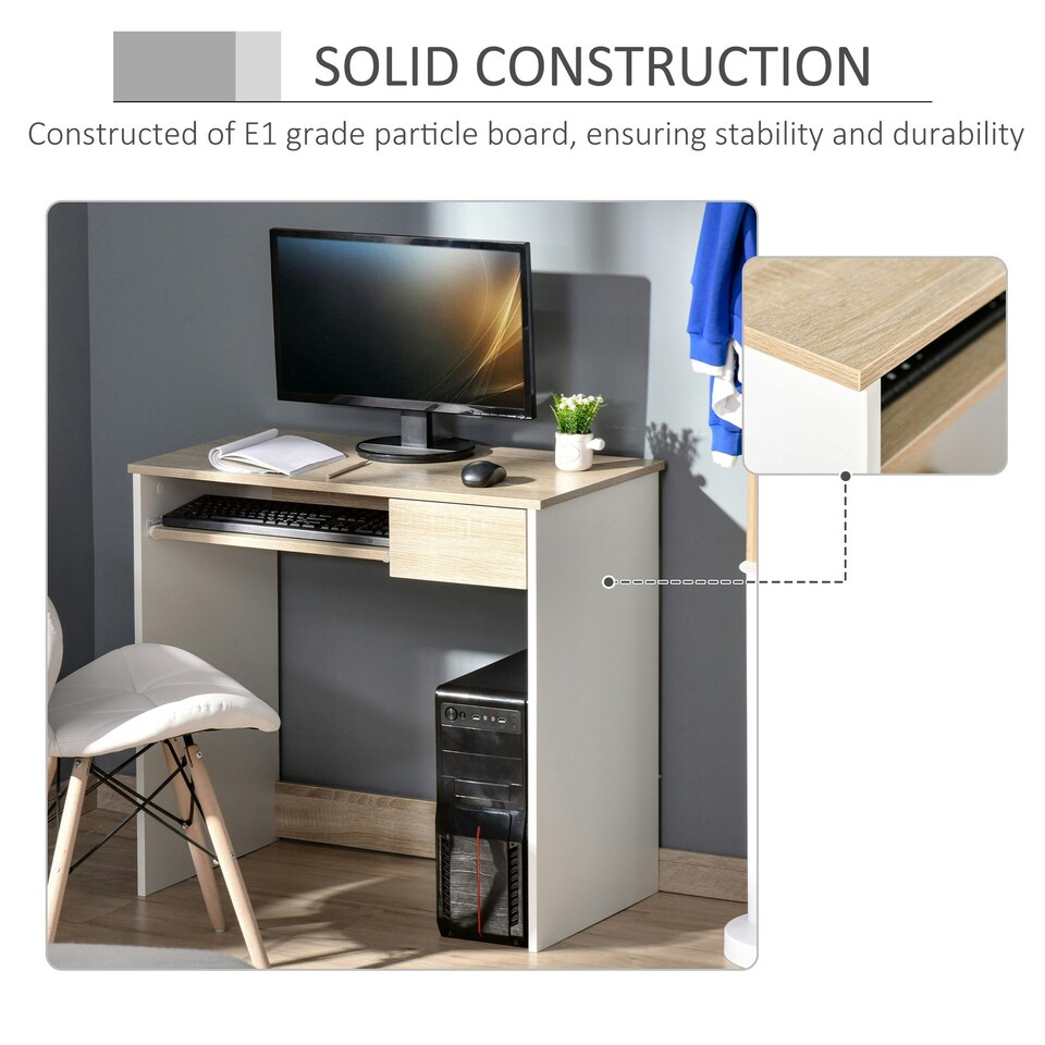 image 1 of HOMCOM Compact Computer Table w/ Keyboard Tray Drawer Study Office Work, Oak