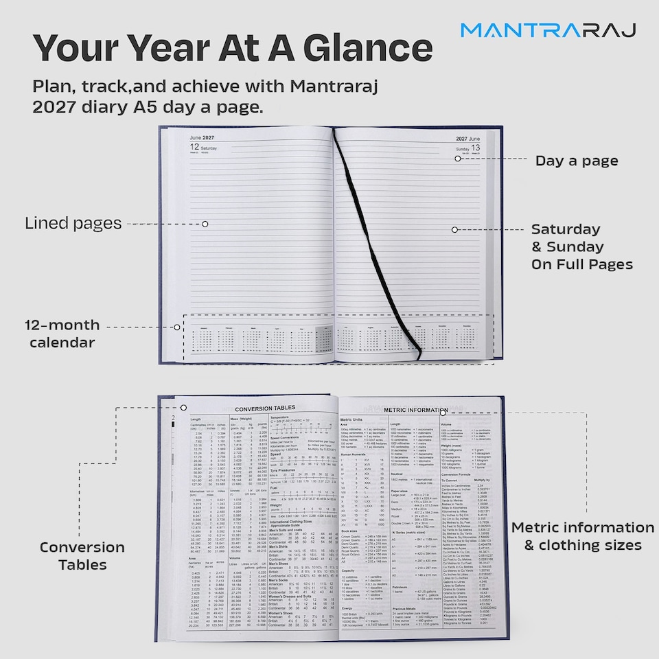 image 1 of MantraRaj 2027 Diary A5 Day a Page Hardback Casebound Cover Desk Diary Organiser Planner Blue