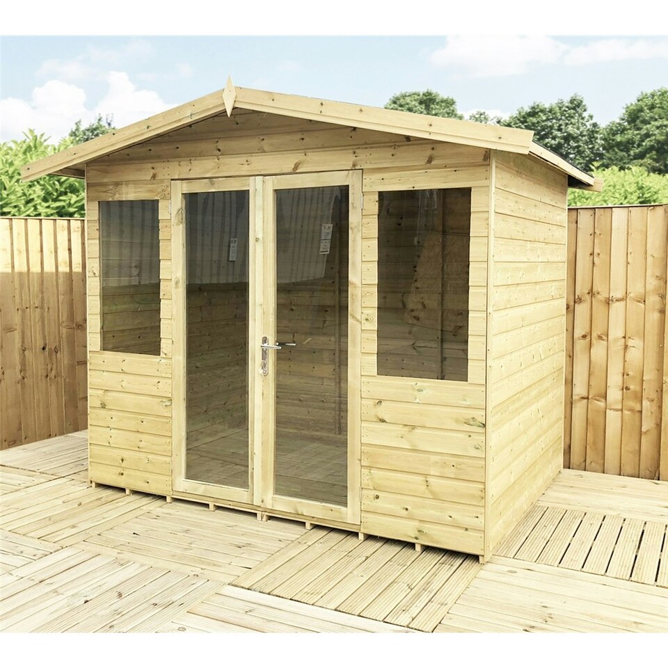 image 1 of 7 x 11 Pressure Treated Tongue And Groove Apex Summerhouse + Overhang Safety Toughened Glass (7' x 11' / 7ft x 11ft) (7x11)