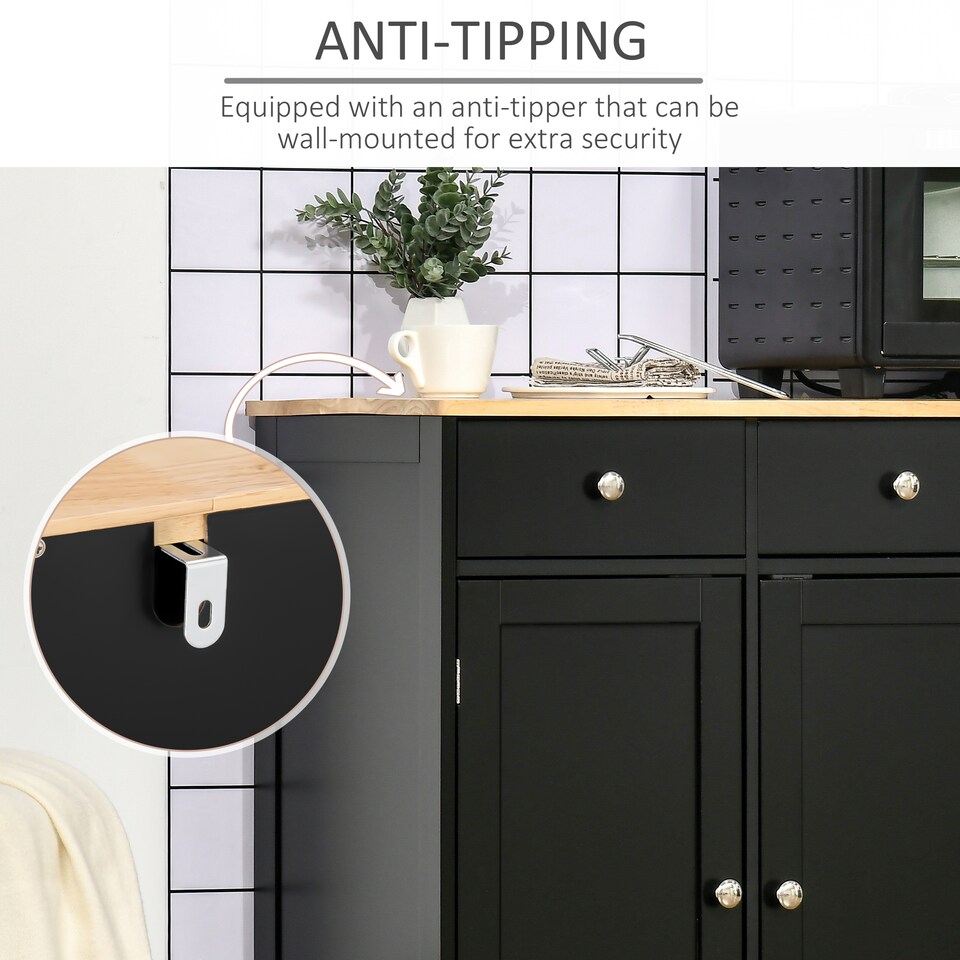 image 1 of HOMCOM Sideboard with Rubber Wood Top, Modern Storage Cabinet, Kitchen Cupboard with 3 Doors, 3 Drawers and 3 Adjustable Shelves for Dining Room, Living Room, Black | Black | Black