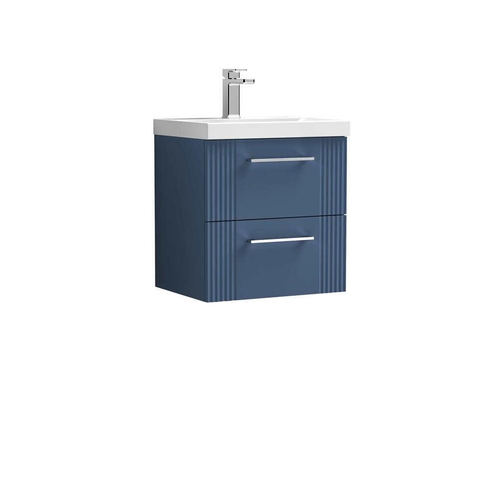 image 1 of Retro 2 Drawer Wall Hung Vanity Unit with Thin-Edge 1 Tap Hole Ceramic Basin - 500mm - Satin Blue - Balterley Blue