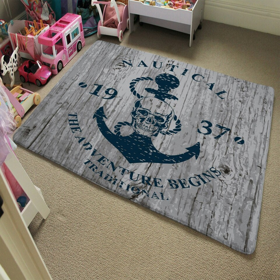 image 1 of Anchor Print on Wood (Rug) Blue | Large: 140x200cm