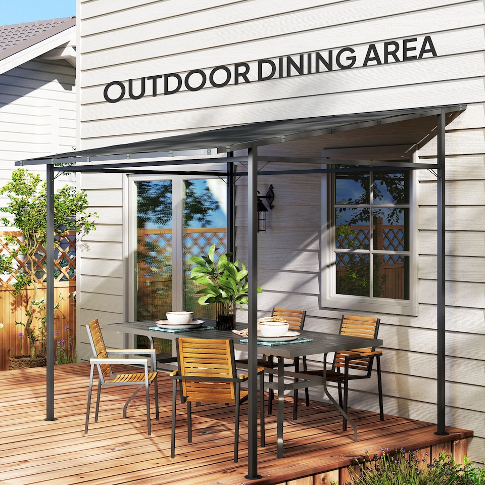 image 1 of Outsunny Wall Mounted Pergola Gazebo with PA Coating Fabric and Metal Frame, Lean to Garden Gazebo, Wind Resistant Outdoor Sun Shade Shelter for Garden, Deck | Grey | Dark Grey | 238L x 238W x 235H cm